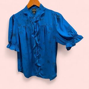 Cute aquamarine floral outlines ruffle puff sleeve button front blouse office